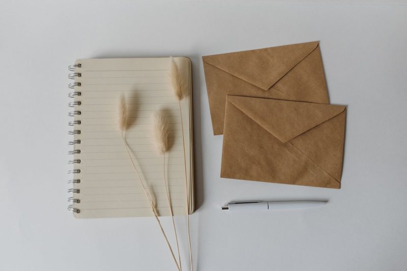 Spiral notebook with dried grasses beside two kraft envelopes and a white pen