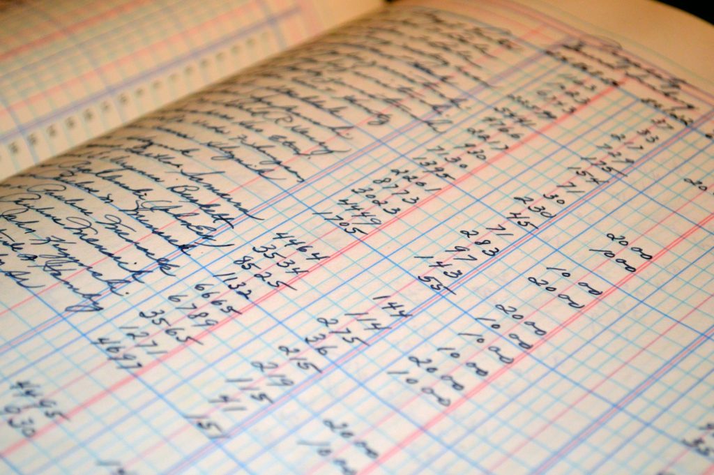 A close-up of a vintage handwritten accounting ledger