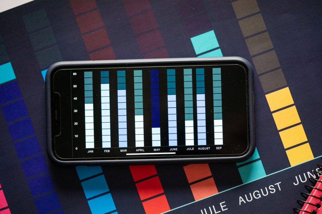 A smartphone showing a monthly analytics bar chart