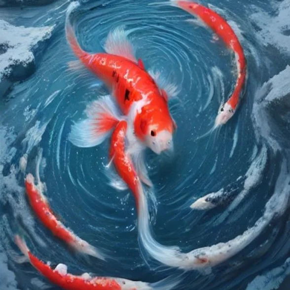 Koi in Winter by Tanaka Woodblock, printed on the front of the tee