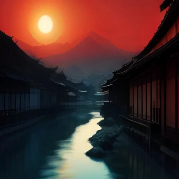 Red Sun Over Kyoto by Tanaka Woodblock, printed on the front of the tee